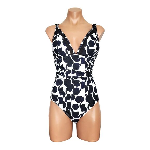DKNY Navy Multi Dot Printed Mesh-Trim one piece swimsuit size 14 - Picture 1 of 4